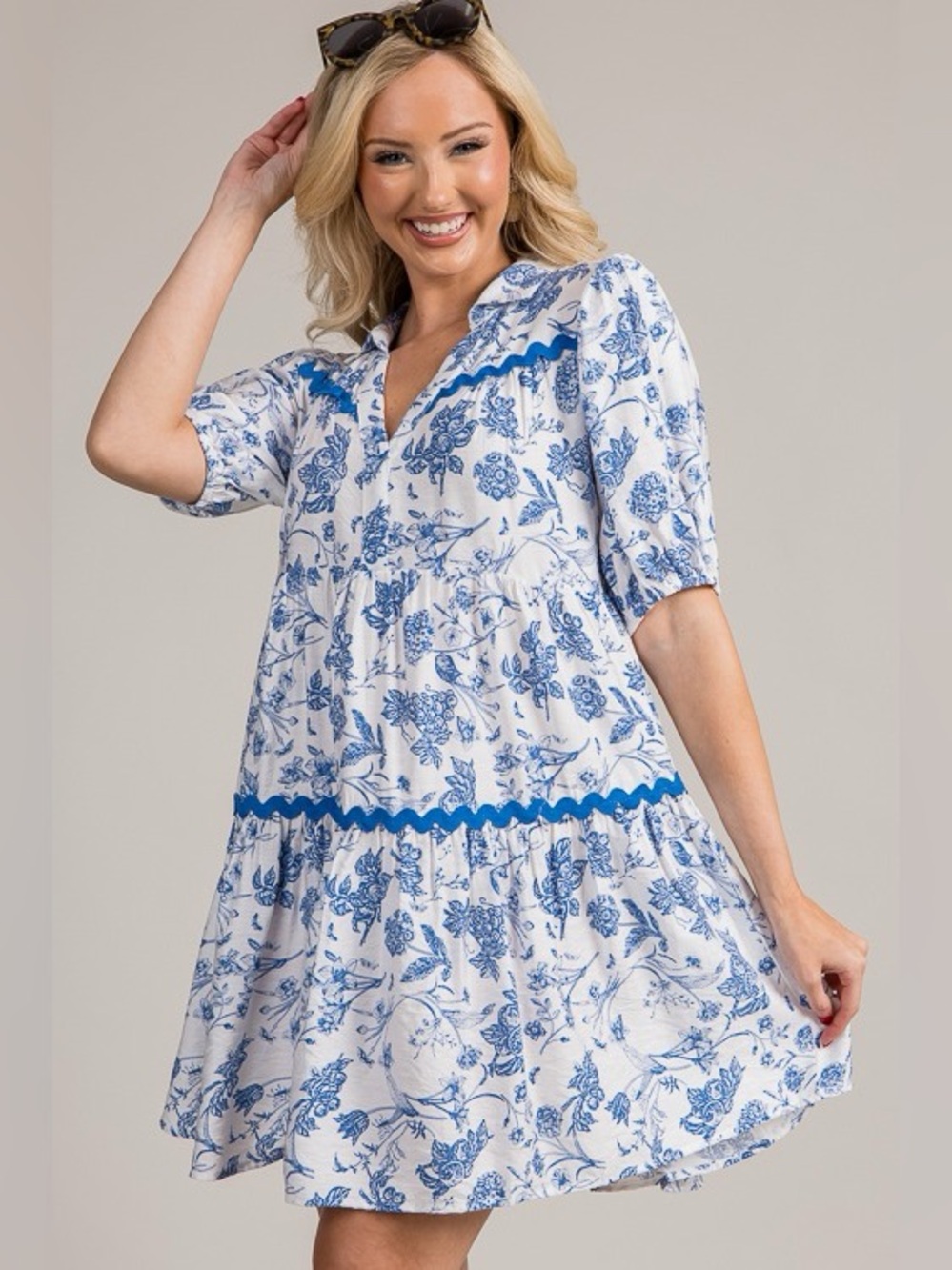 Umgee White and Blue Floral Puff-Sleeve Tiered Mini Dress - Kentucky Derby